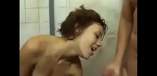  Nice skinny brunette loves the rough treatment in the dirty toilet,lots of piss and cum